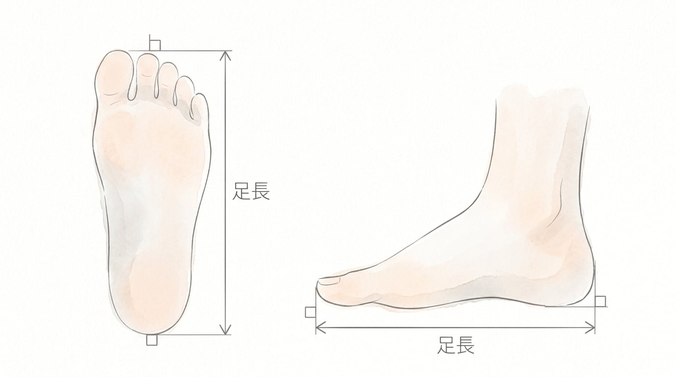 足長（そくちょう）の測り方：壁にかかとをつけて立ち、一番長い指の先までの距離を測ります